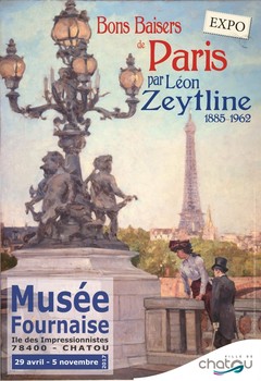 peinture représentant deux personnages penchés sur le pont Alexandre 3, avec la Tour Eiffel en arrière plan)